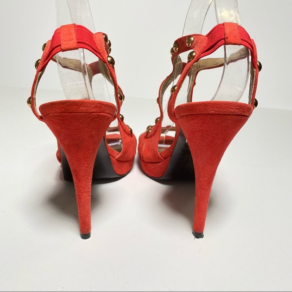 Stuart Weitzman Ratatat Studded Suede Sandals High Heels Orange Red Size 10 - Picture 6 of 10